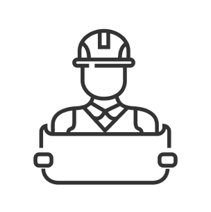 Master Craftsman icon of a person in a hard hat with plans and a collared shirt.